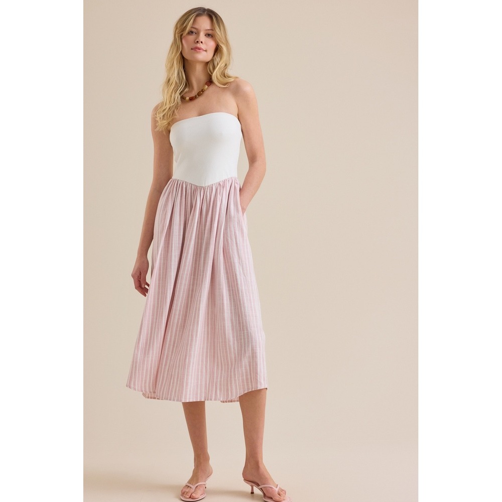 Altard State Strapless Midi Dress Ivory Pink Striped V-Waist Size XS‎ NEW